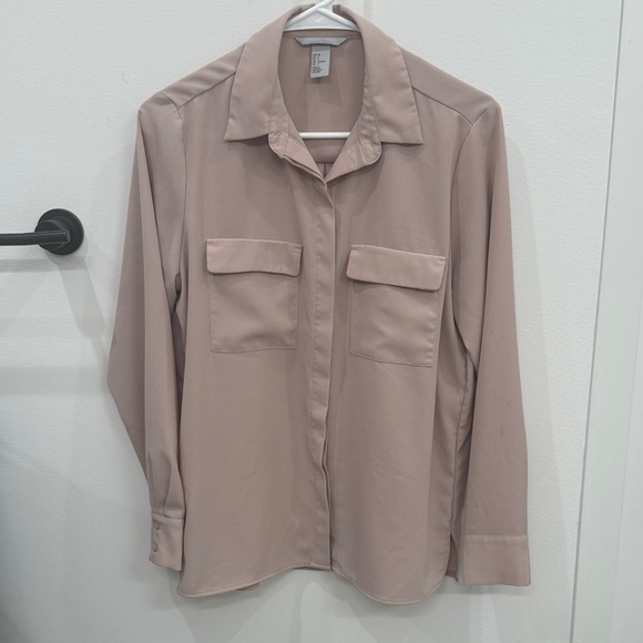 Chic Pink/Beige Button-Up Blouse - Picture 1 of 3